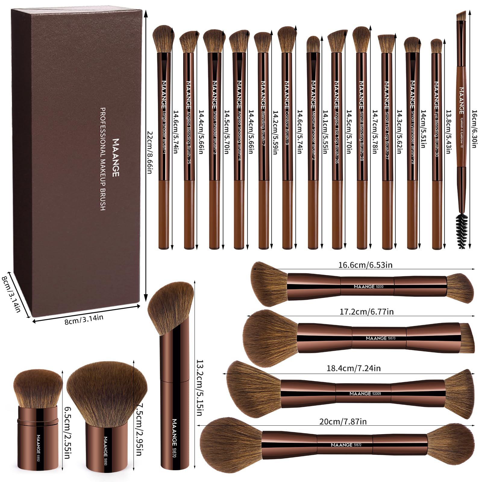 MAANGE 20 Pcs Makeup Brushes with Gift Box, Double-End Multi-functional Makeup Brushes for Blending Liquid Powder Concealer Cream Blush Buffe,CoffeeBrown