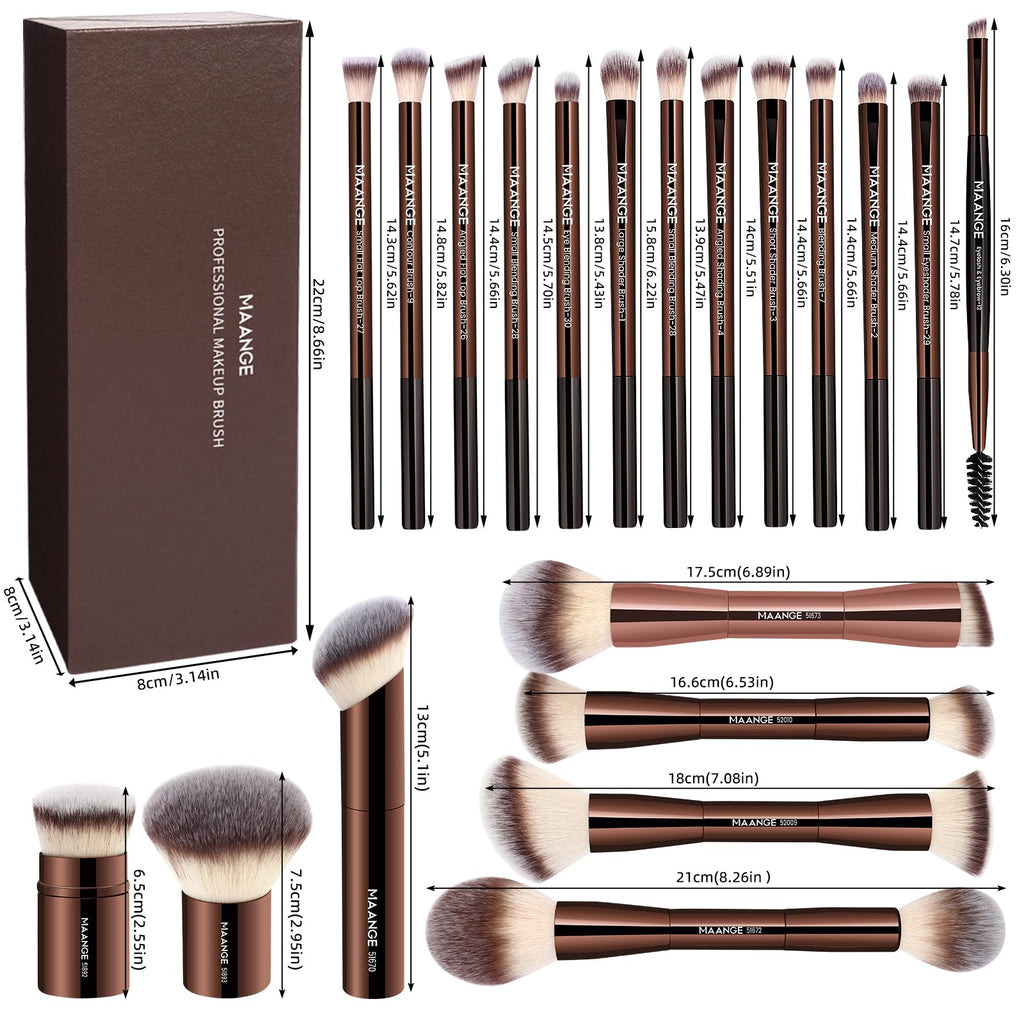 MAANGE 20 Pcs Makeup Brushes with Gift Box, Double-End Multi-functional Makeup Brushes for Blending Liquid Powder Concealer Cream Blush Buffe,CoffeeBrown